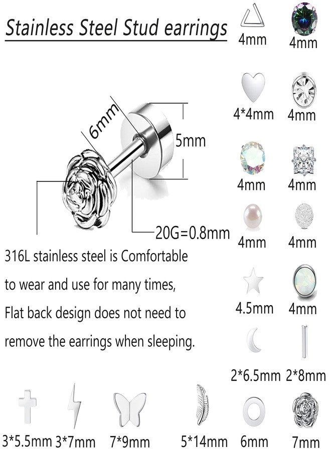 Staligue 18 Pairs Cartilage Stud Earrings Set for Women Men Star Triangle Moon Heart Disc Ball CZ Small Stainless Steel Geometric Barbell Flatback Piercing (Silver) - Image 2